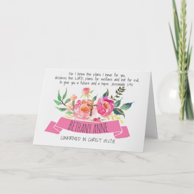 Floral Pink Roses Crucifix Scripture Confirmation Card (Front)