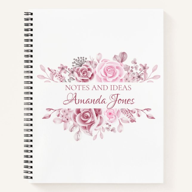 Floral Pink Roses Custom Name  Notebook (Front)