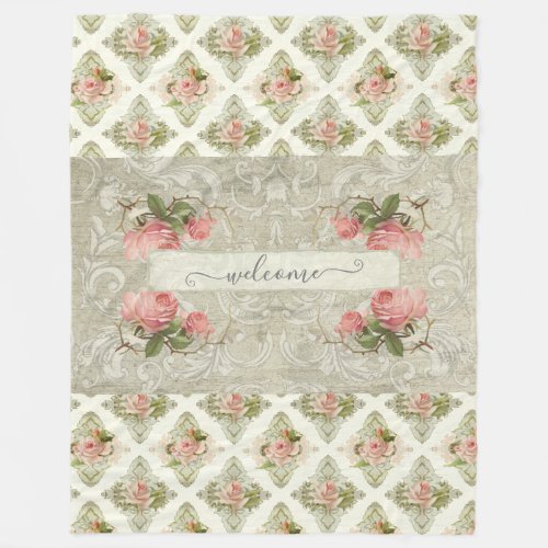 Floral Pink Roses Damask Vintage Modern Welcome Fleece Blanket