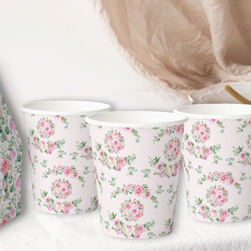 Floral Pink Roses Elegant Tea Party Paper Cups