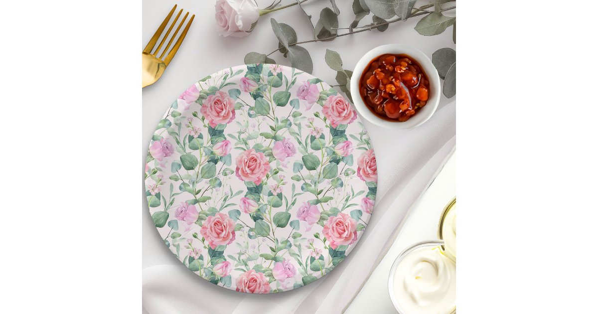 Floral Pink Roses Elegant Tea Party Paper Plates | Zazzle