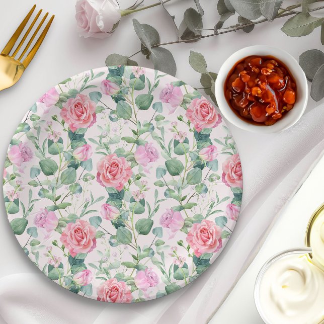 Floral Pink Roses Elegant Tea Party Paper Plates (Floral rose garden paper plates from my Vintage Tea Party Baby Shower Collection)