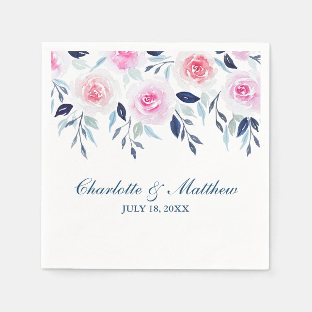 Floral Pink Roses Floral Watercolor  Wedding Napkins (Front)