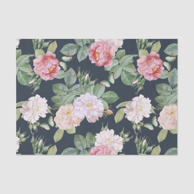 Floral Pink Roses Leaves Butterflies Dark Gray Tissue Paper (Front)