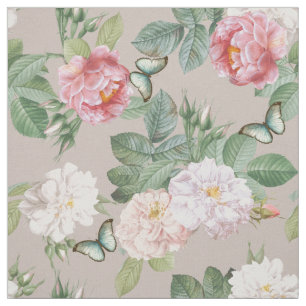 Floral Pink Roses Leaves Vintage Butterflies Taupe Fabric