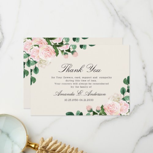 Floral Pink Roses Memorial Thank You Card 