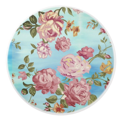 Floral Pink Roses on Blue Background  Ceramic Knob