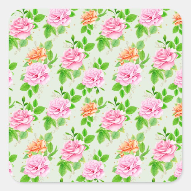 Floral Pink Roses Pattern Square Sticker (Front)