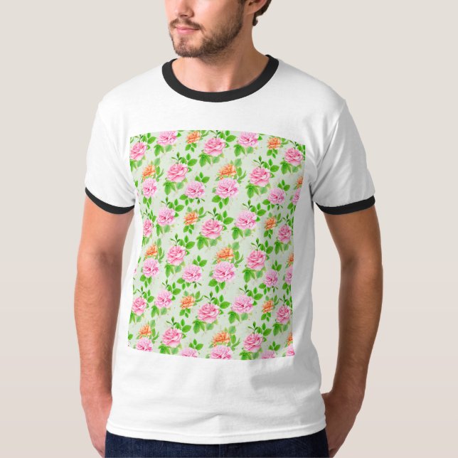 Floral Pink Roses Pattern T-Shirt (Front)