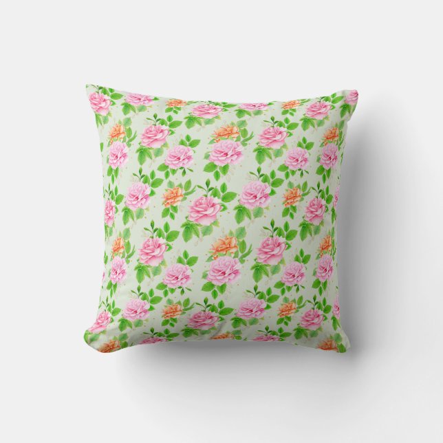 Floral Pink Roses Pattern Throw Pillow (Front)