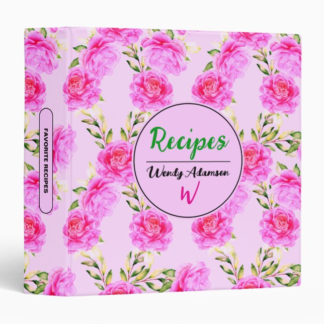 Floral Pink Roses | Personalized Favorite Recipes 3 Ring Binder (Front/Spine)