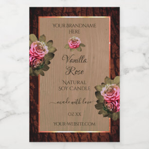 Floral Pink Roses Product Labels Brown Wood Grain
