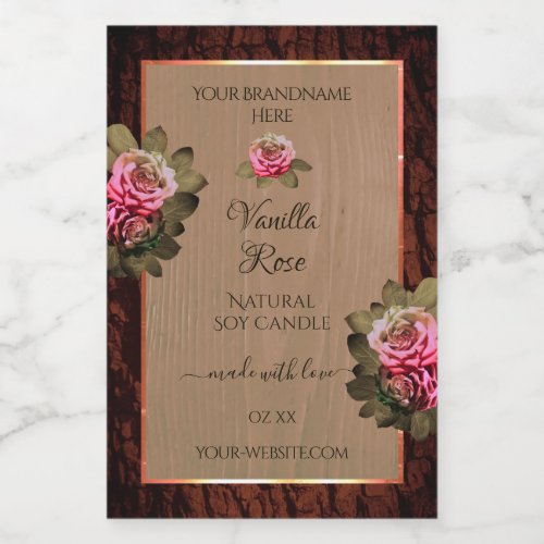 Floral Pink Roses Product Labels Brown Wood Grain
