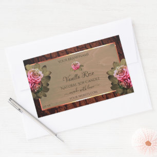 Floral Pink Roses Product Labels Brown Wood Grain