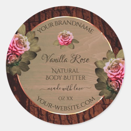 Floral Pink Roses Product Labels Brown Wood Grain