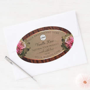 Floral Pink Roses Product Labels Wood Grain Logo