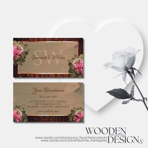Floral Pink Roses Rustic Wood Tree Bark Initials Business Card