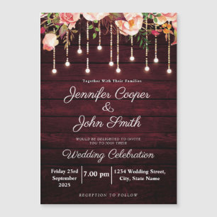 Floral Pink Roses Rustic Wood Wedding Magnetic Invitation