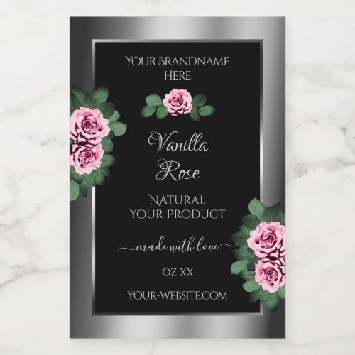 Floral Pink Roses Silver and Black Product Labels
