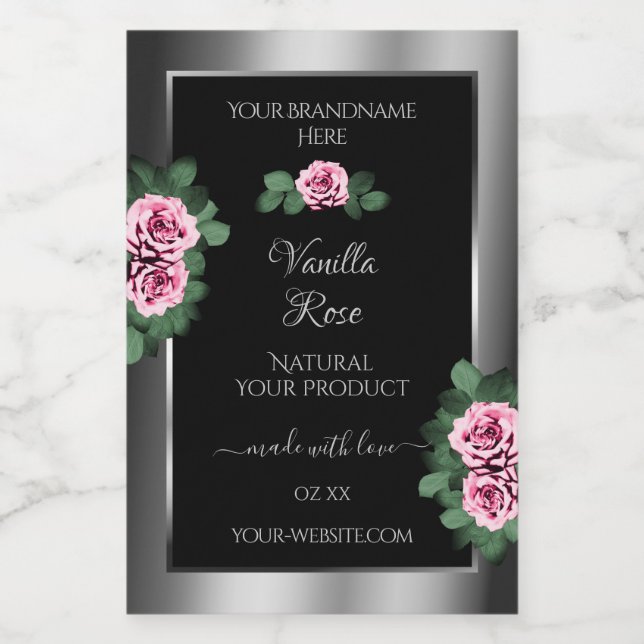 Floral Pink Roses Silver and Black Product Labels (Single Label)