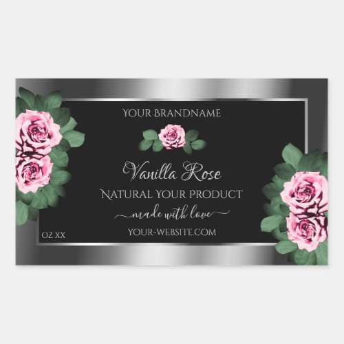 Floral Pink Roses Silver and Black Product Labels