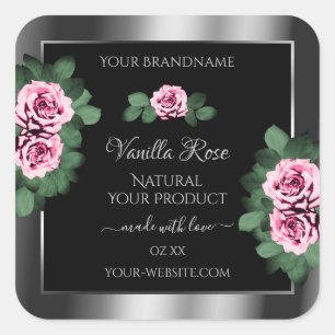 Floral Pink Roses Silver and Black Product Labels