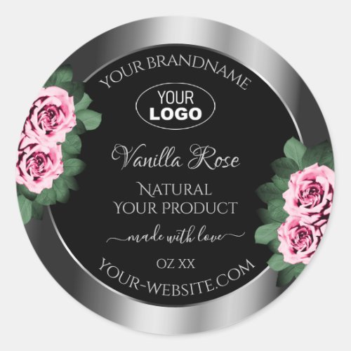 Floral Pink Roses Silver Black Product Labels Logo