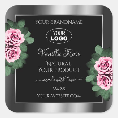 Floral Pink Roses Silver Black Product Labels Logo