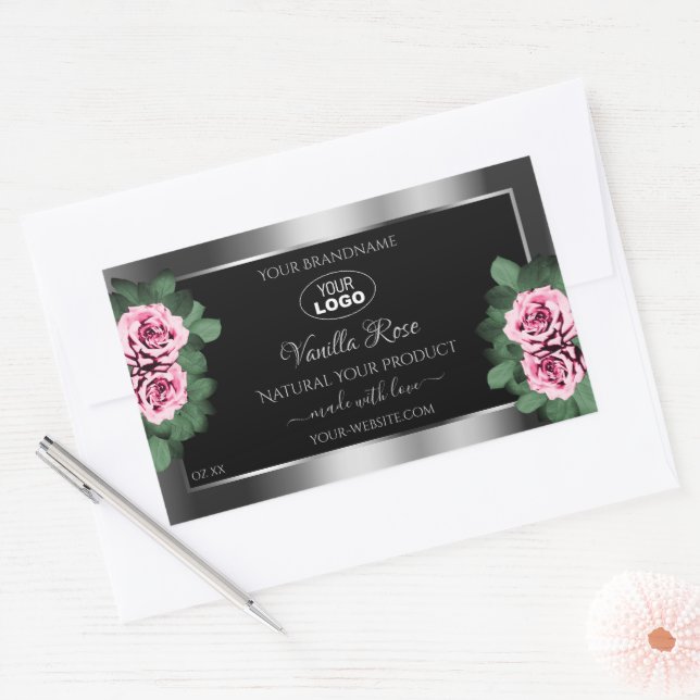 Floral Pink Roses Silver Black Product Labels Logo (Envelope)