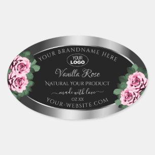 Floral Pink Roses Silver Black Product Labels Logo