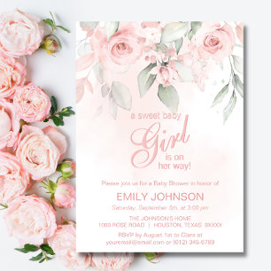 Floral Pink Roses Sweet Baby Girl Baby Shower Invitation