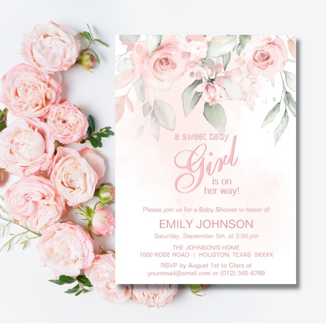 Floral Pink Roses Sweet Baby Girl Baby Shower Invitation