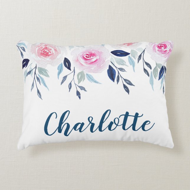 Floral Pink Roses Watercolor Personalized Name Accent Pillow (Front)