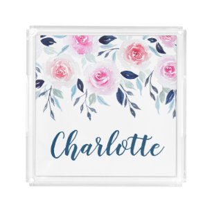 Floral Pink Roses Watercolor Personalized Name Acrylic Tray