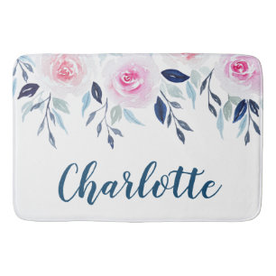 Floral Pink Roses Watercolor Personalized Name Bath Mat
