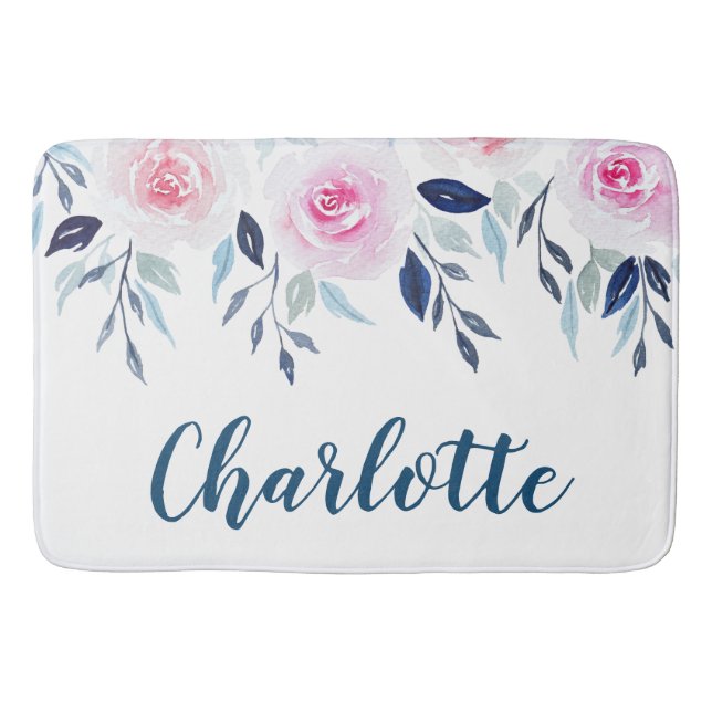 Floral Pink Roses Watercolor Personalized Name Bath Mat (Front)