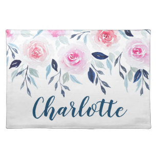 Floral Pink Roses Watercolor Personalized Name Cloth Placemat