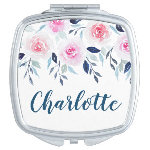 Floral Pink Roses Watercolor Personalized Name Compact Mirror