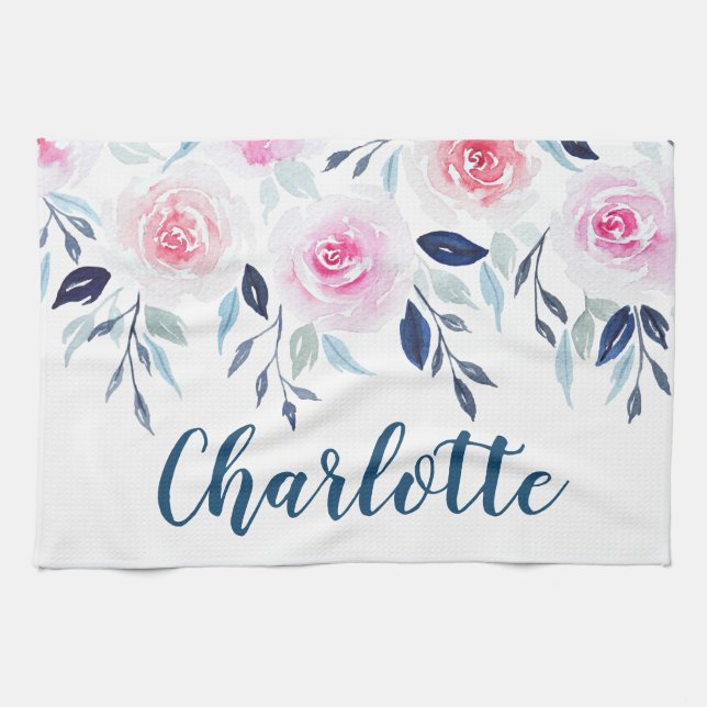Floral Pink Roses Watercolor Personalized Name Kitchen Towel (Horizontal)