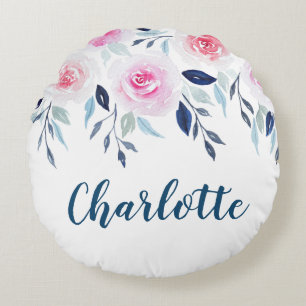 Floral Pink Roses Watercolor Personalized Name Round Pillow