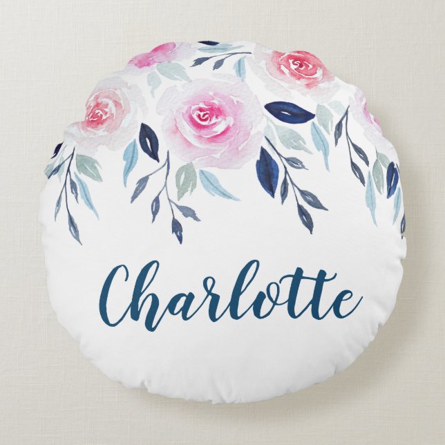 Floral Pink Roses Watercolor Personalized Name Round Pillow (Front)