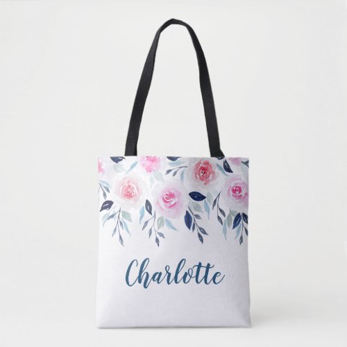 Floral Pink Roses Watercolor Personalized Name Tote Bag