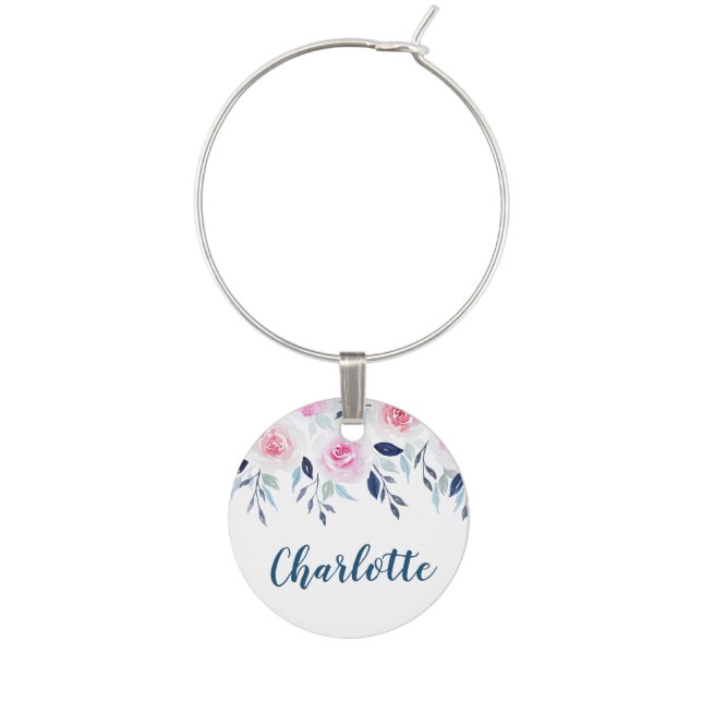 Floral Pink Roses Watercolor Personalized Name Wine Charm (Front)