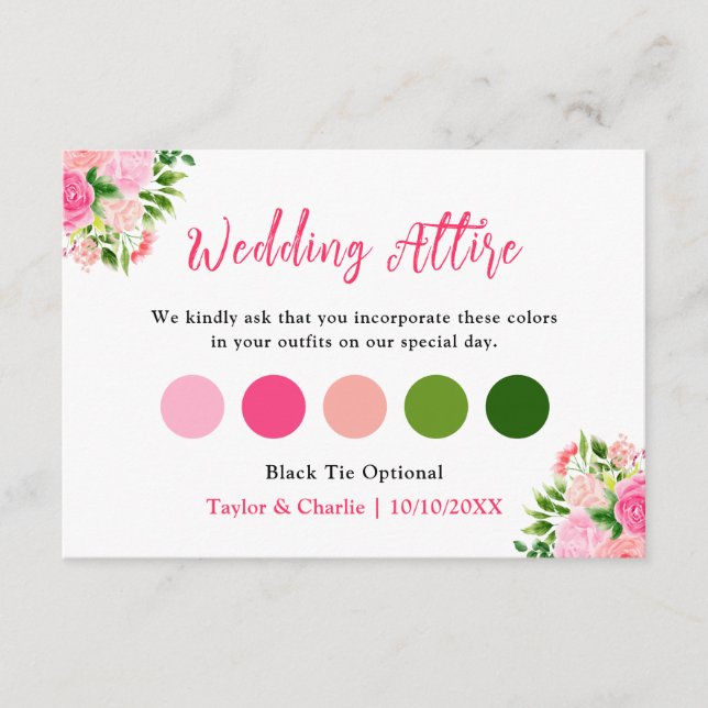 Floral Pink Roses Wedding Attire Dress Code Enclosure Card (Front)