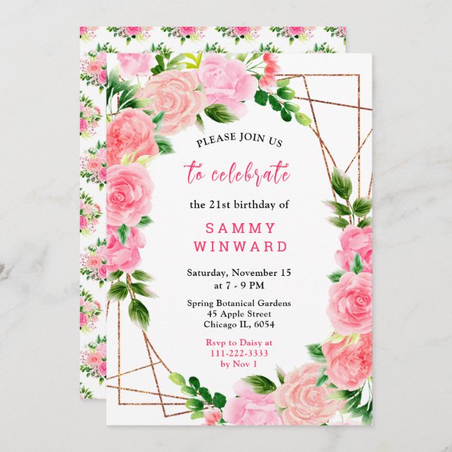 Floral Pink Roses with Foliage Birthday Invitation (Front/Back)