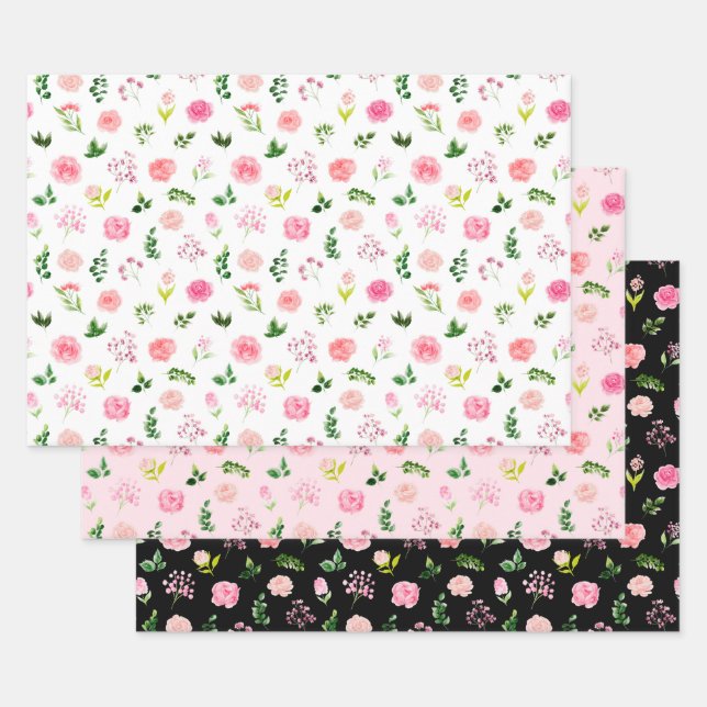 Floral Pink Roses with Foliage Wrapping Paper Sheets (Set)