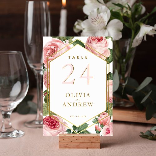 Floral Pink Roses with Gold Diamond Frame Wedding Table Number