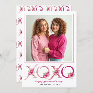 Floral pink roses XOXO Galentines Day photo Holiday Card