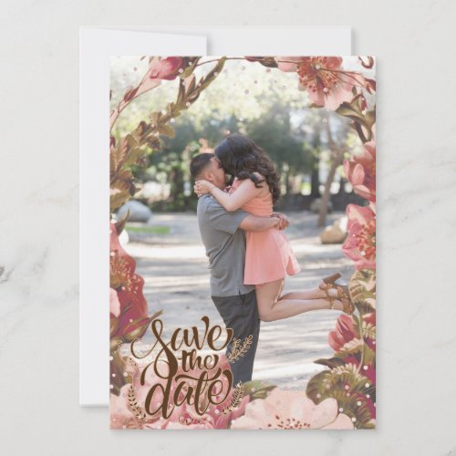 Floral Pink Rustic Photo Save The Date