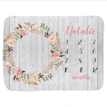 Floral Pink Rustic White Wood Baby Milestone Baby Blanket Floral Pink Rustic White Wood Baby Milestone Baby Blanket